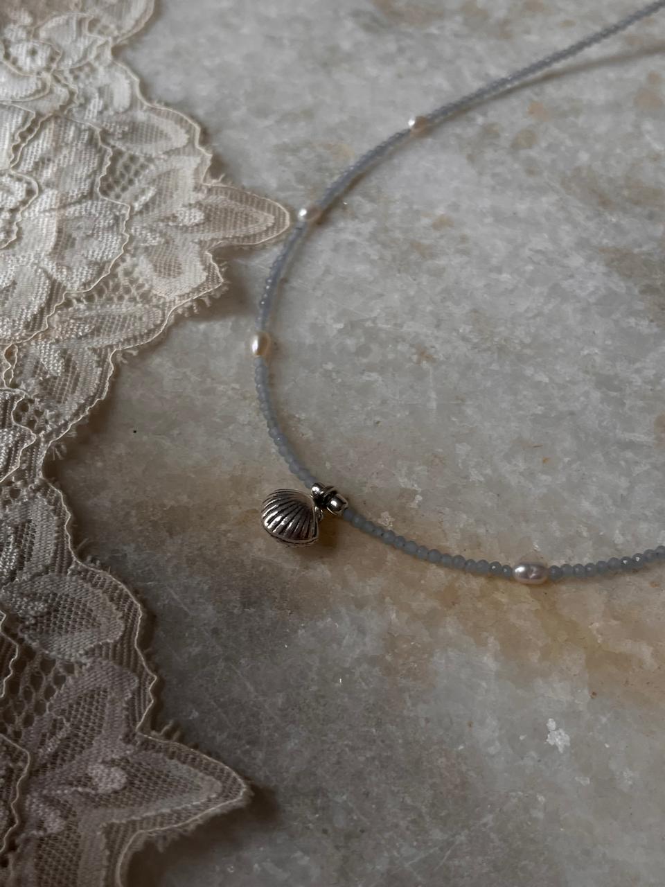 Aquamarine and silver shell charm necklace for women  
