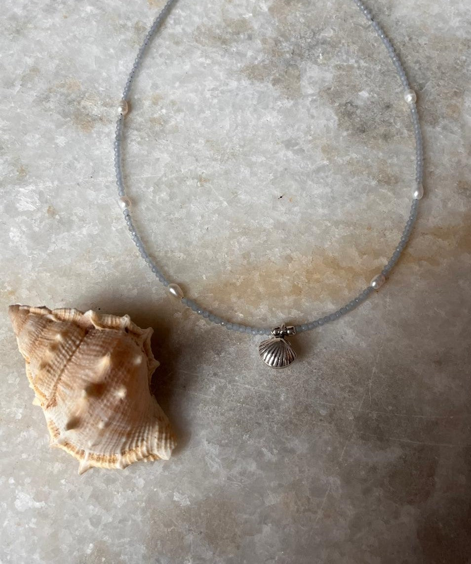 Handcrafted aquamarine and pearl 925 silver necklace  
