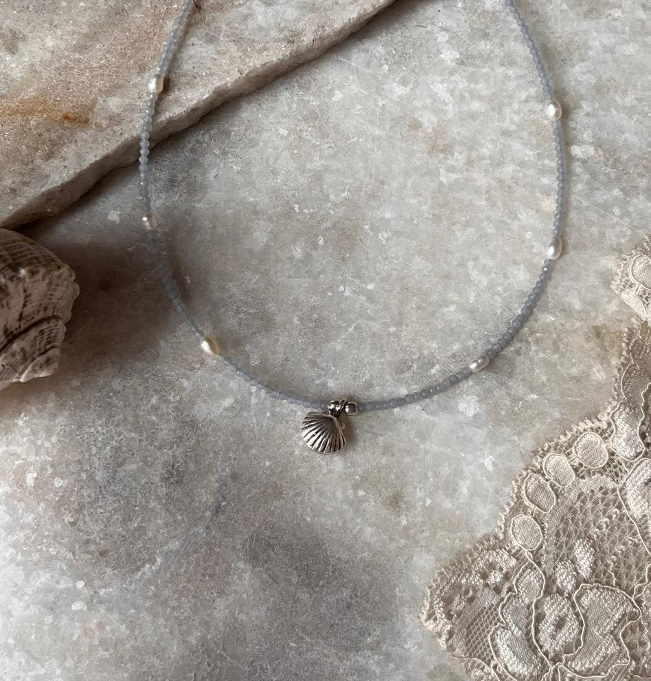 Gemstone choker with aquamarine, pearl and shell  