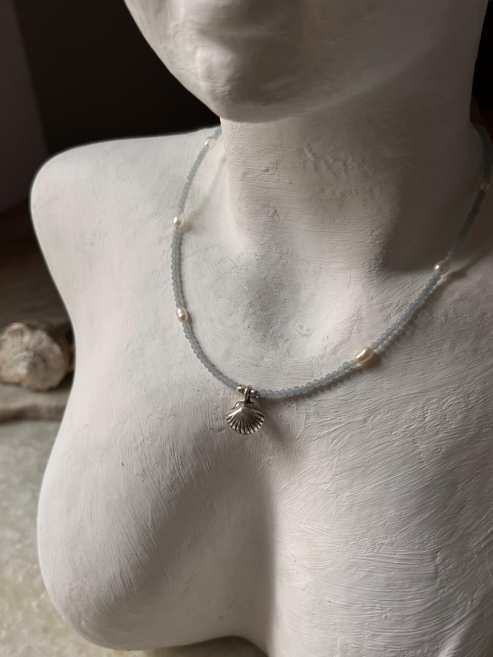 Aquamarine and fresh water pearl silver charm choker