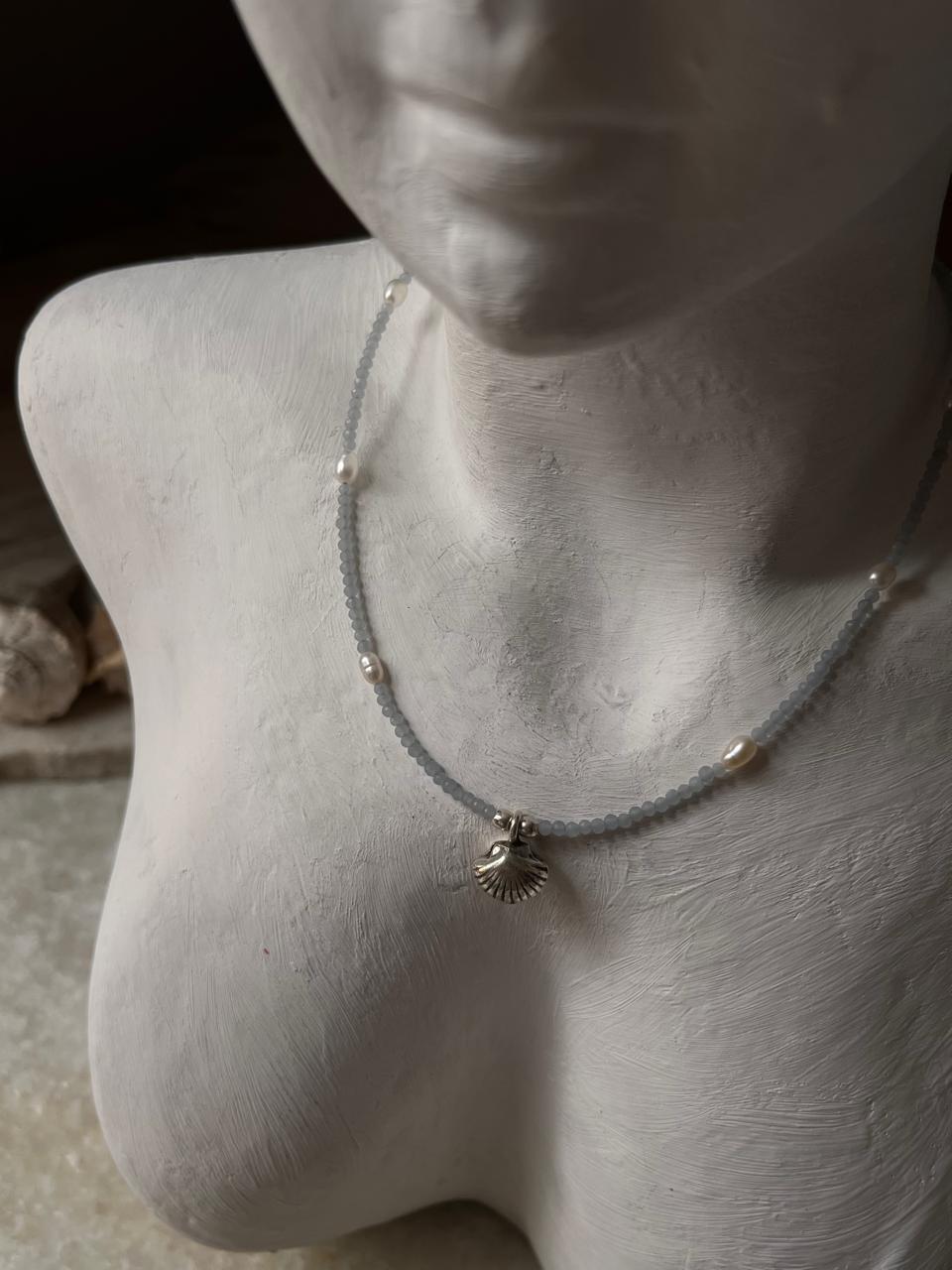 Aquamarine and silver shell charm necklace for women  