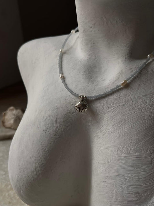 Aquamarine and pearl silver shell charm choker necklace  