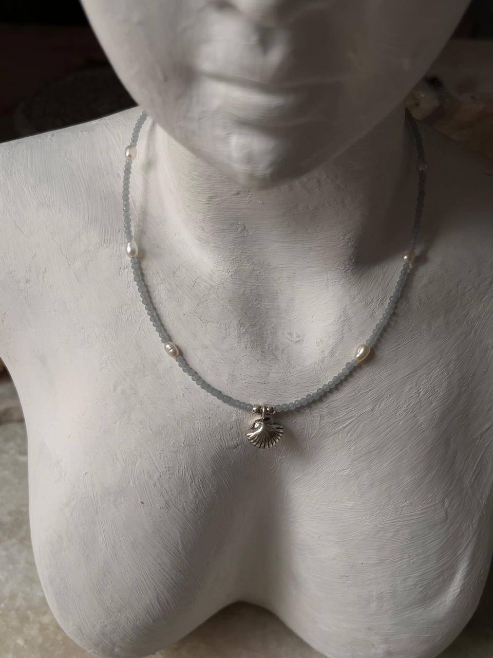 Sterling silver choker with aquamarine and pearl accents  