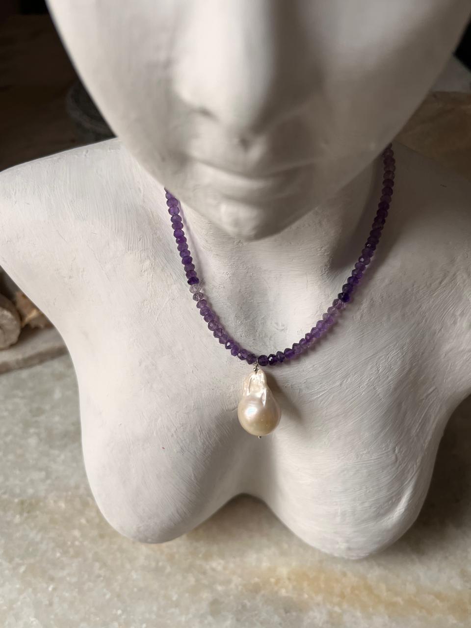 Handmade silver choker necklace with baroque pearl and amethyst tones  