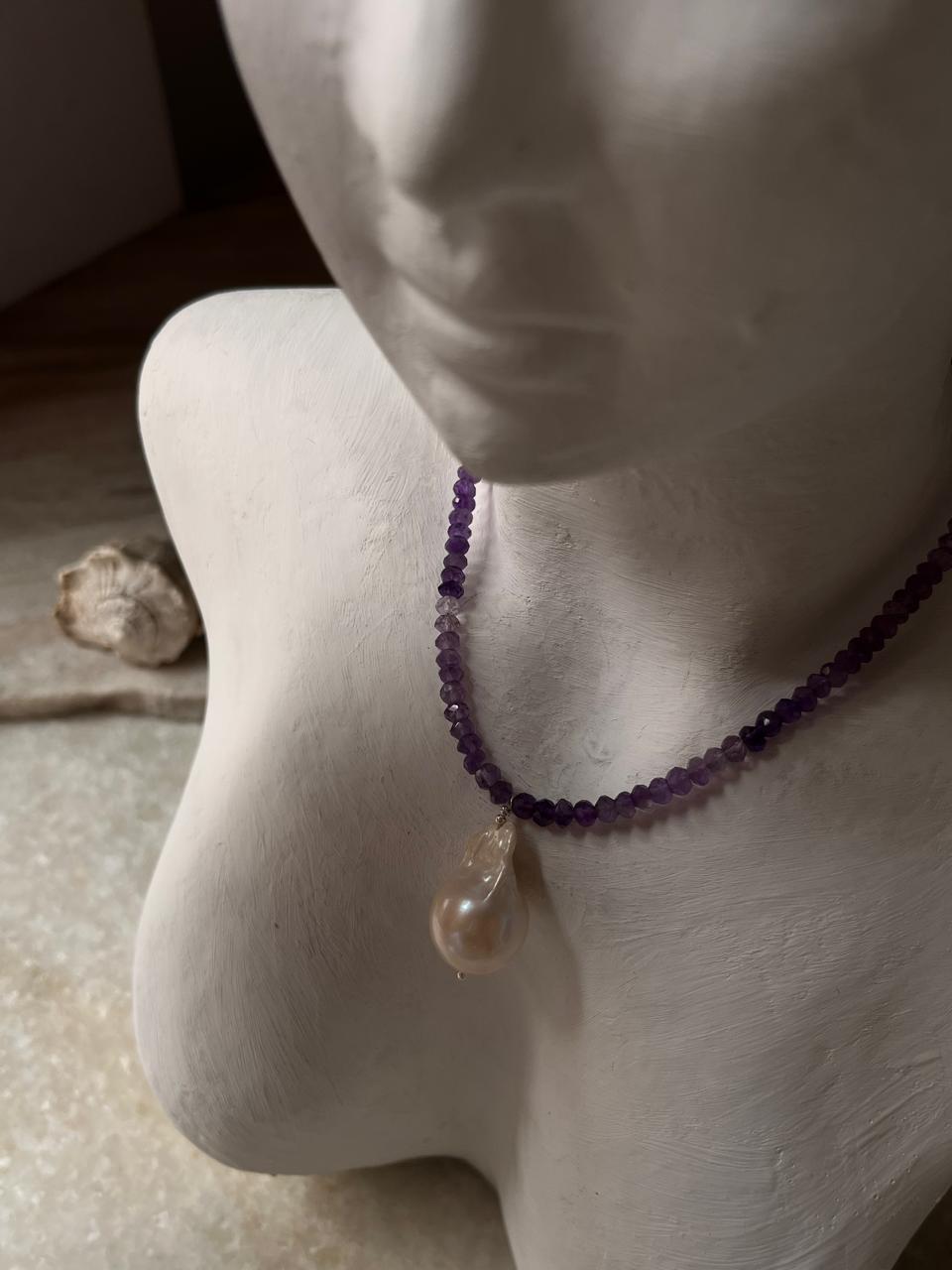 Gradient amethyst crystal choker with sterling silver and pearls  