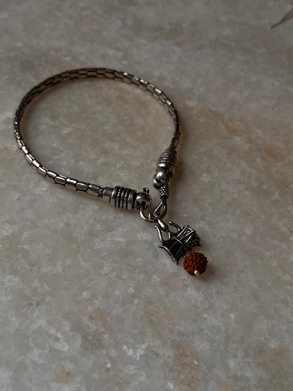 Snake patterned Trishul Damru Rudraksh silver rakhi  