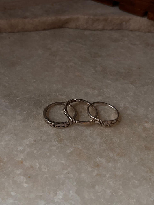 2 in 1 Plain and Rope, Tribal Engraved Side 1 & Tribey Engraved 925 Sterling Silver Stack Set Ring