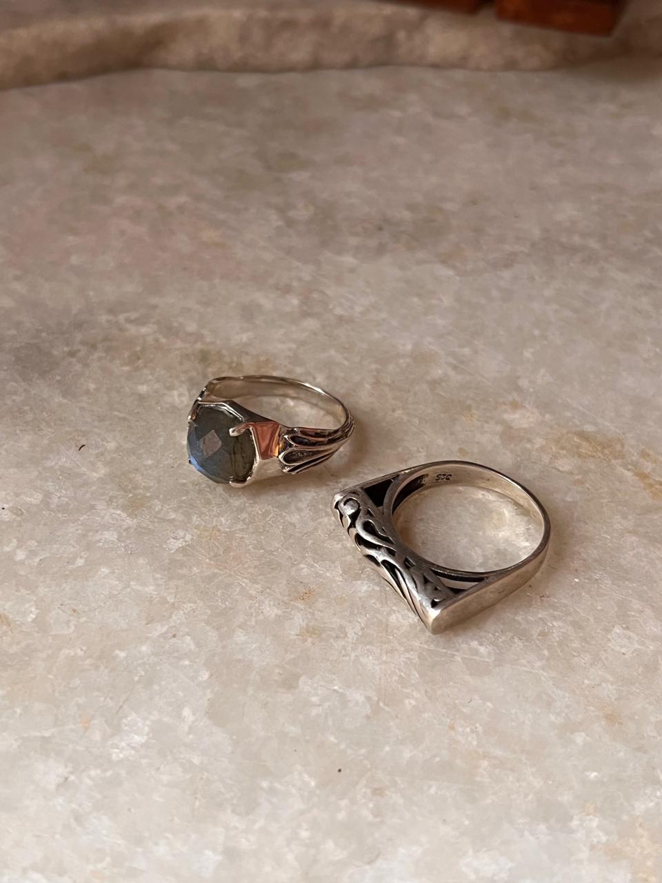 Labradorite Vintage Goth Style Checker & Vintage Motif Signet 925 Sterling Silver Stack Set Ring