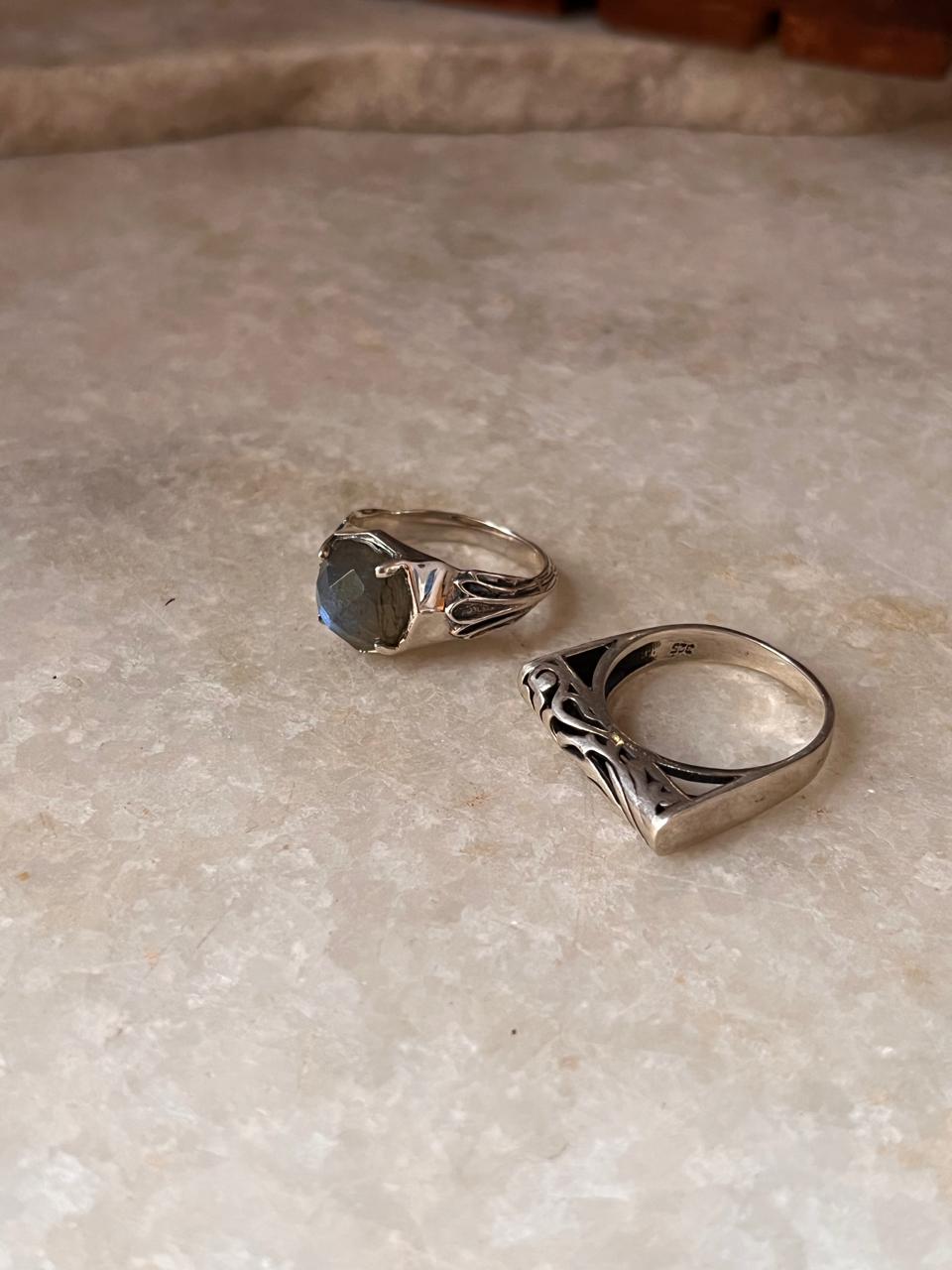 Labradorite Vintage Goth Style Checker & Vintage Motif Signet 925 Sterling Silver Stack Set Ring