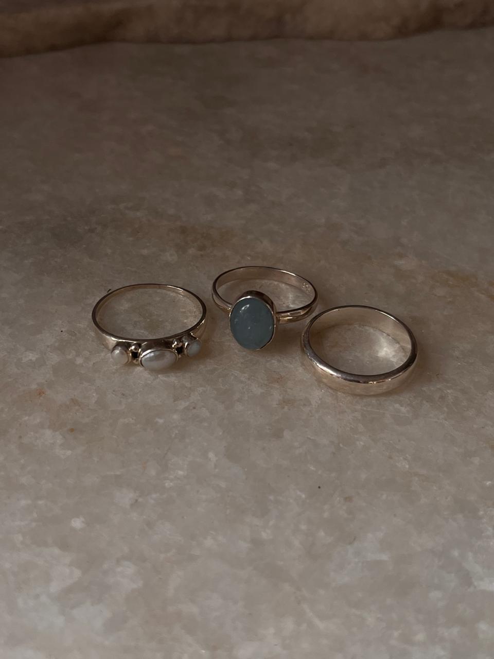 Aquamarine Natural Oval, Fresh Water Pearl 3 Stone & Plain 4mm Band 925 Sterling Silver Stack Set Ring