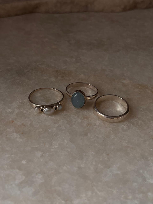 Aquamarine Natural Oval, Fresh Water Pearl 3 Stone & Plain 4mm Band 925 Sterling Silver Stack Set Ring