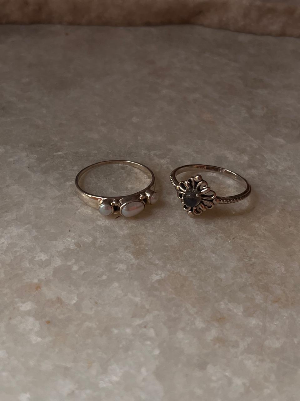 Fresh Water Pearl 3 Stone & Vintage Motif Fleur Labradorite 925 Sterling Silver Stack Set Ring