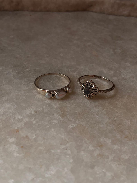Fresh Water Pearl 3 Stone & Vintage Motif Fleur Labradorite 925 Sterling Silver Stack Set Ring