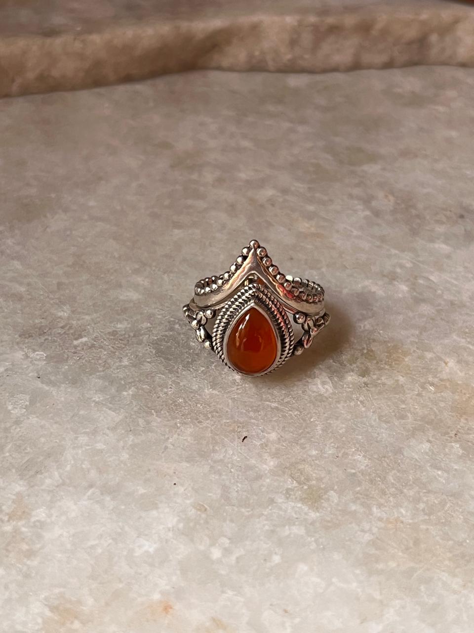 Carnelian Pear Boho & V Rawa /Chevron Boho 925 Sterling Silver Stack Set Ring