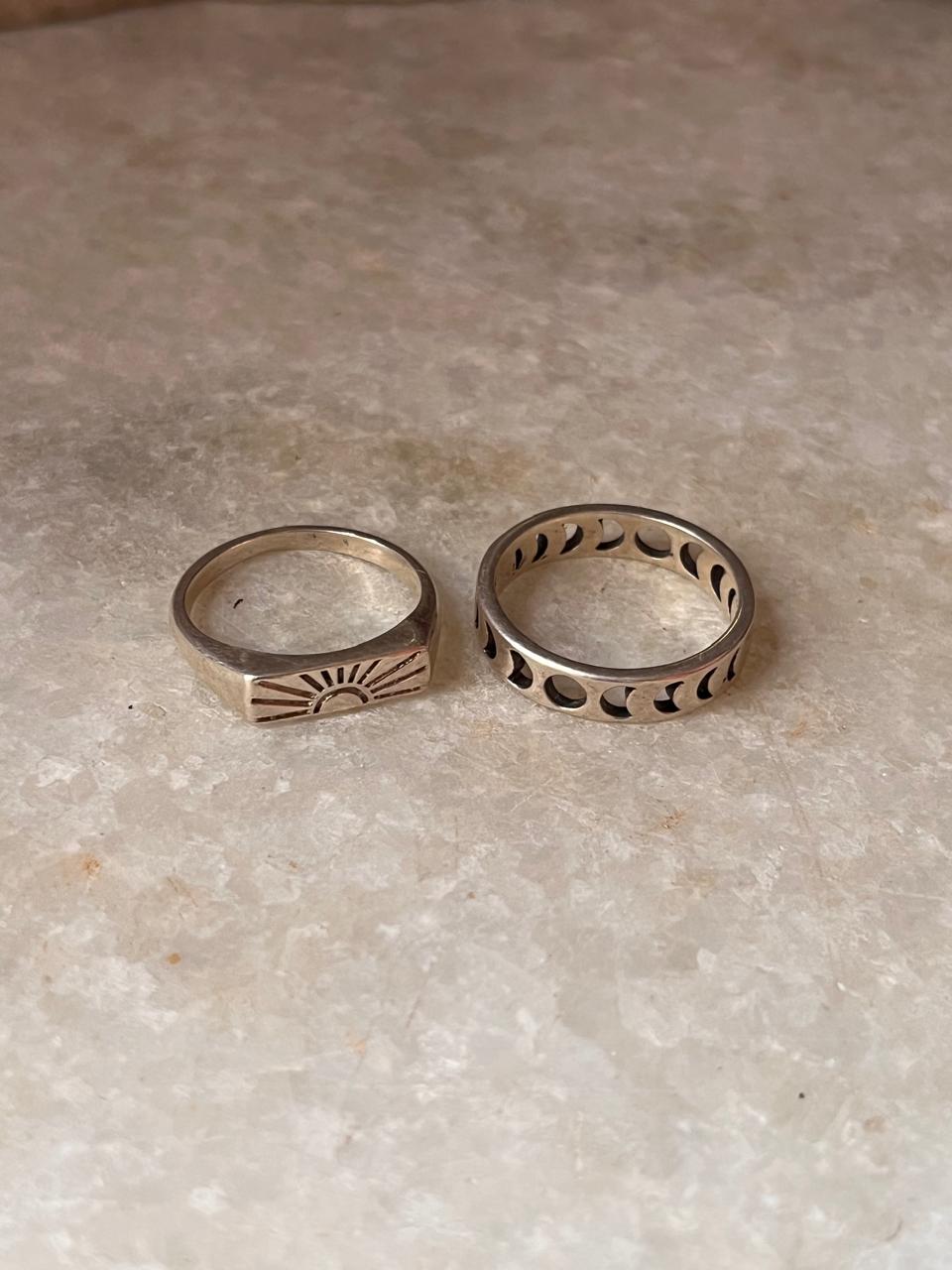 Sunshine/ Sun Engraved Signet & Moon Phases 925 Sterling Silver Stack Set Ring