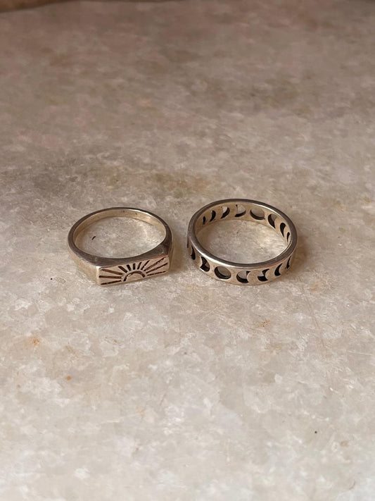 Sunshine/ Sun Engraved Signet & Moon Phases 925 Sterling Silver Stack Set Ring