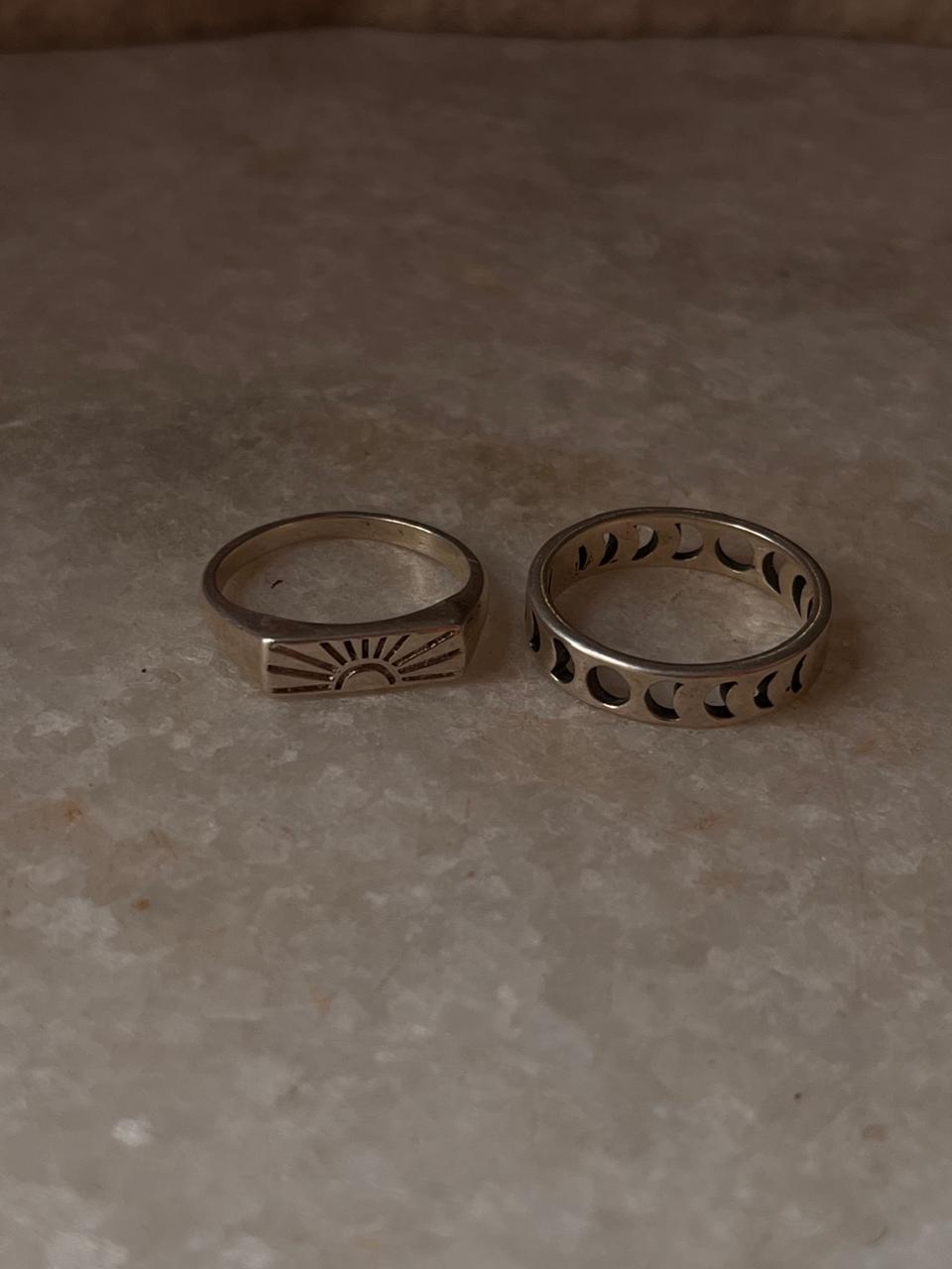 Sunshine/ Sun Engraved Signet & Moon Phases 925 Sterling Silver Stack Set Ring