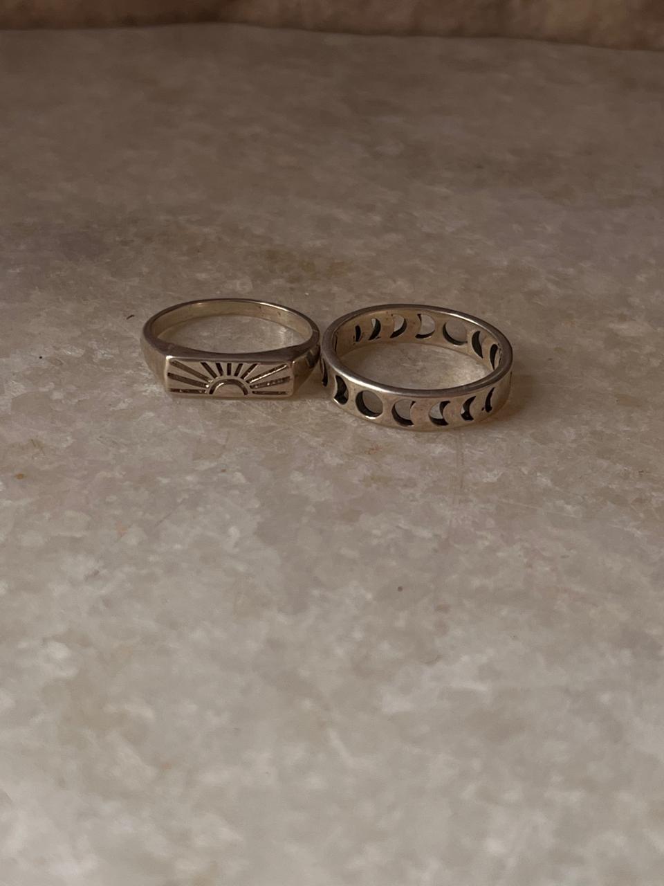 Sunshine/ Sun Engraved Signet & Moon Phases 925 Sterling Silver Stack Set Ring