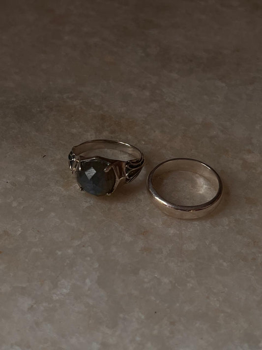 Labradorite Vintage Goth Style Checker & Plain 4mm Band 925 Sterling Silver Stack Set Ring