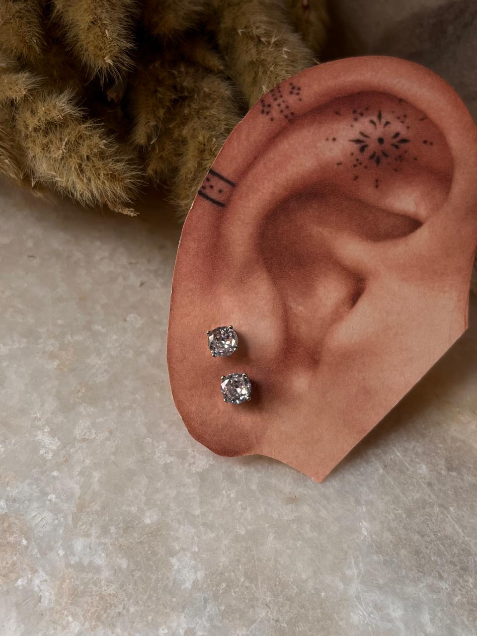 Round CZ 6mm Push Back Studs 925 Sterling Silver Earrings  