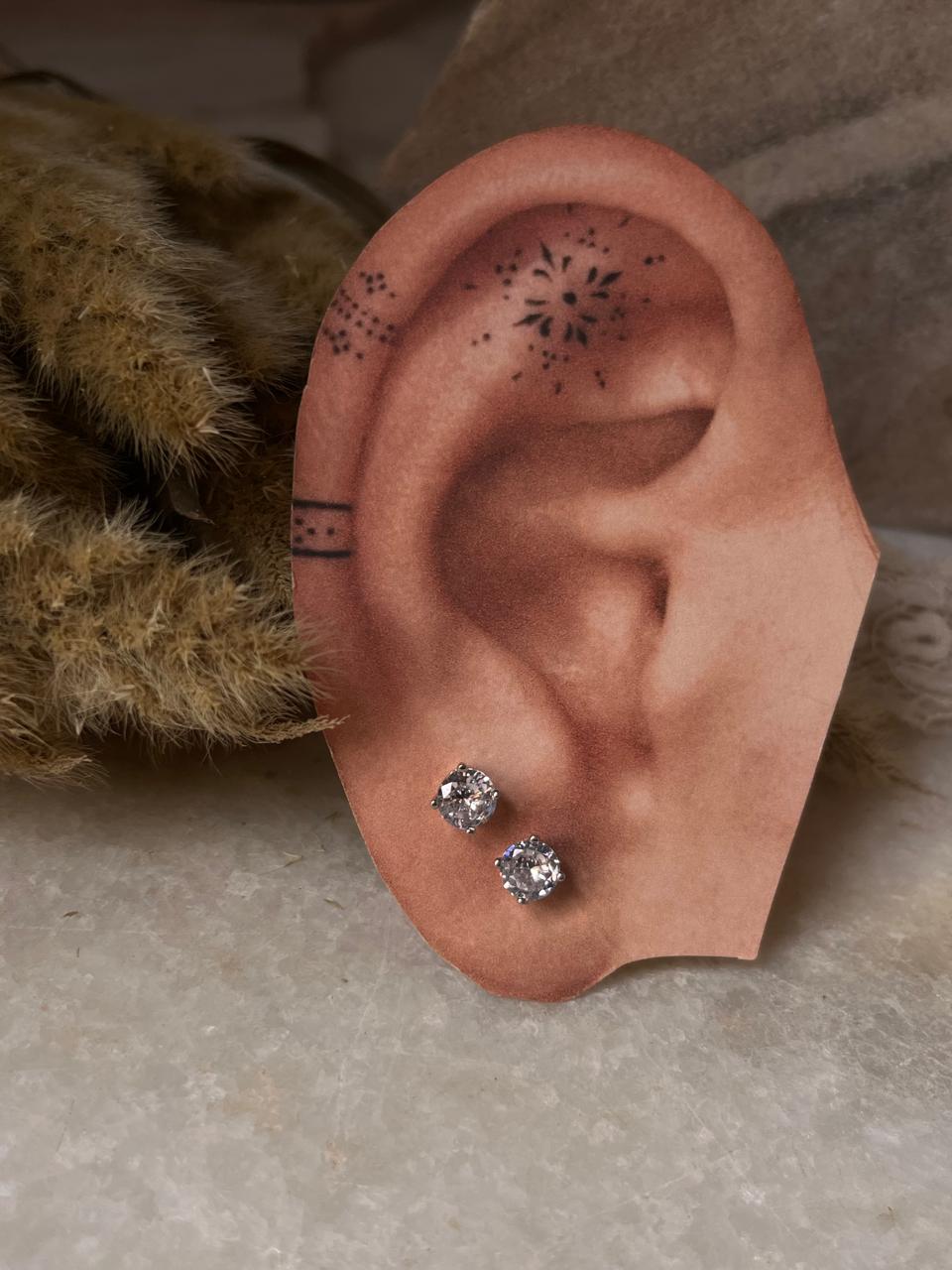 Round Solitaire CZ 6mm Push Back Sterling Silver Studs