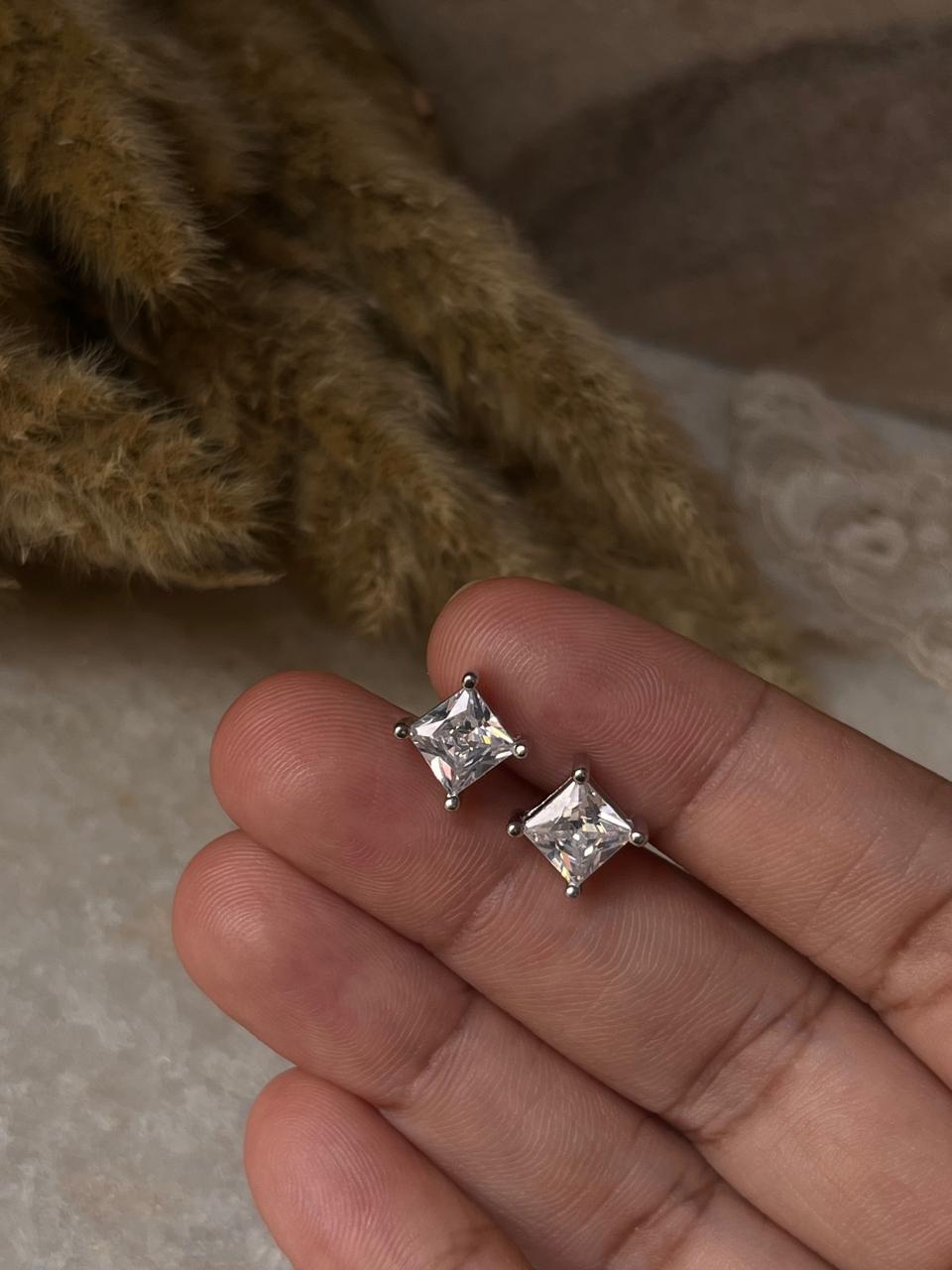 Square CZ 7mm Studs 925 Sterling Silver Earrings  