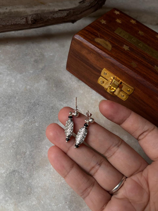 Boho black bead stud earrings in sterling silver  