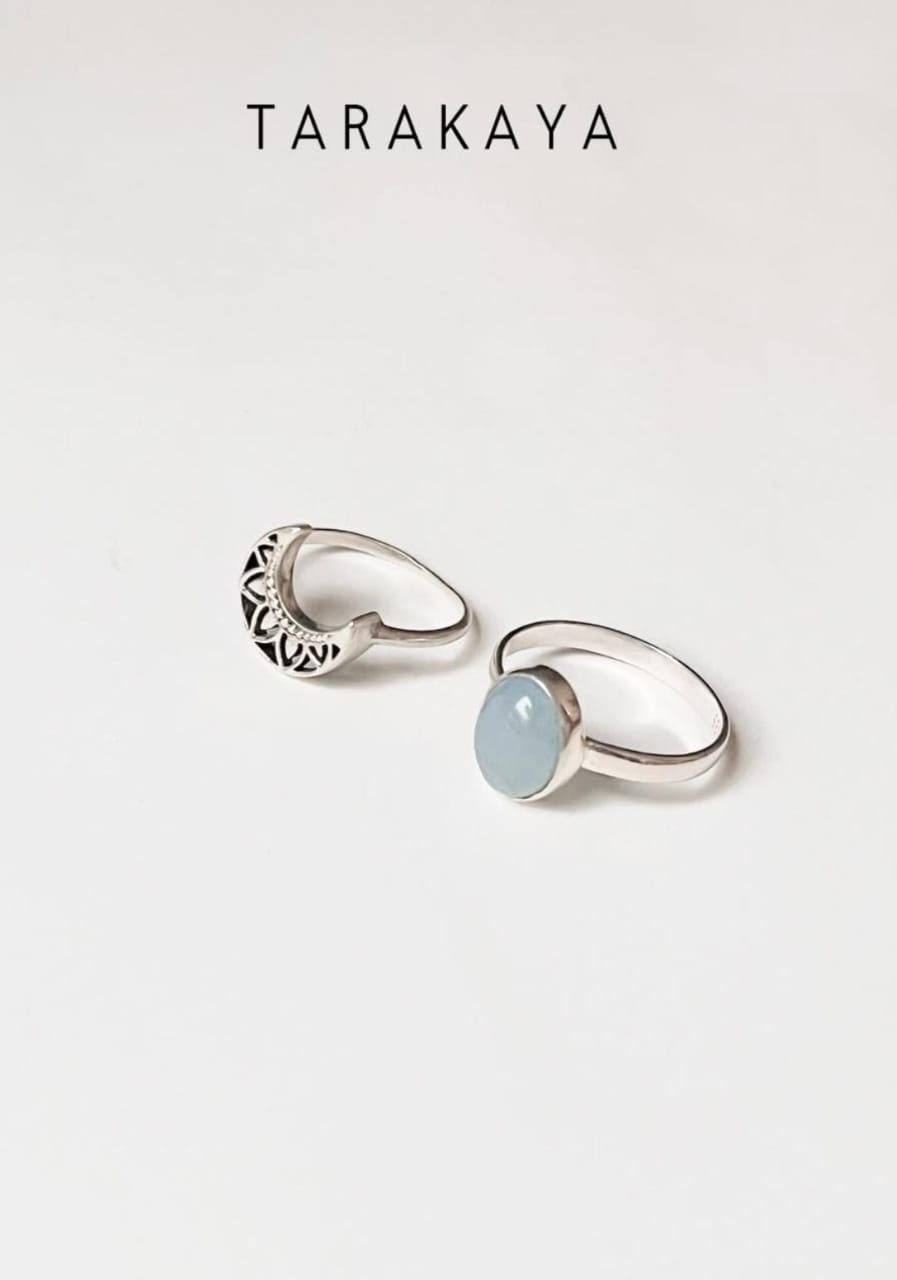 Aquamarine Natural Oval & Boho Moon Stack 925 Sterling Silver Ring