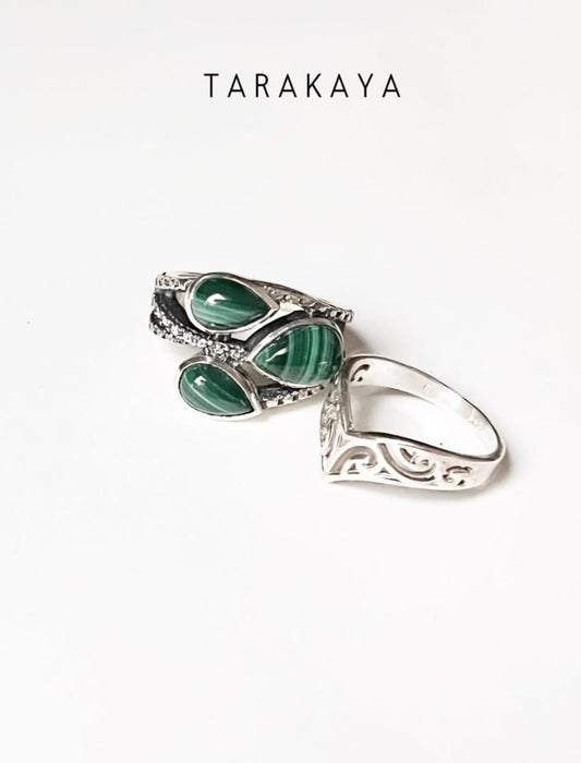 Malachite 3 Stone Statement & V/ Chevron Vintage Filigree Stack 925 Sterling Silver Ring