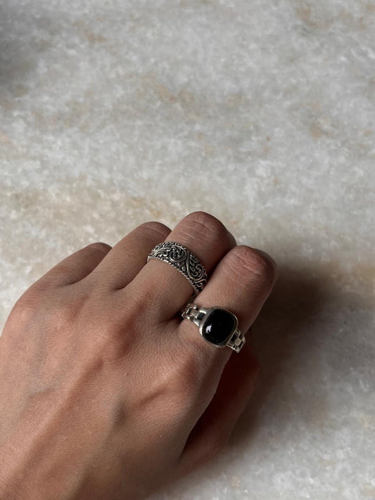 Black Onyx Cuban Link & Vintage Motif Thick Stack Band 925 Sterling Silver Ring