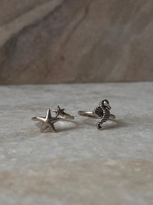 Starfish Adjustable and Sea Horse Stack Set 925 Sterling Silver Ring  