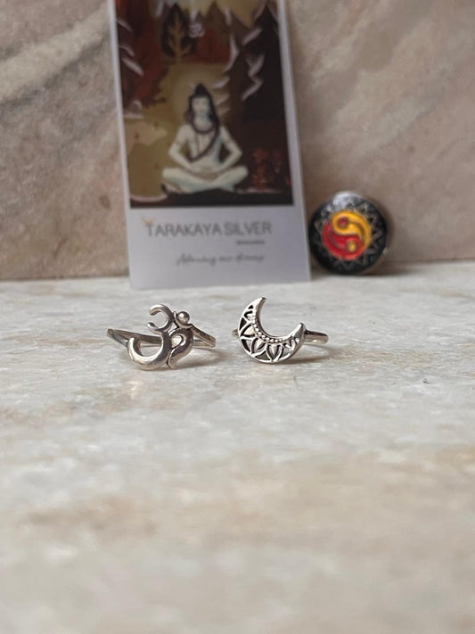 Plain Om and Boho Moon Stack Set 925 Sterling Silver Ring  