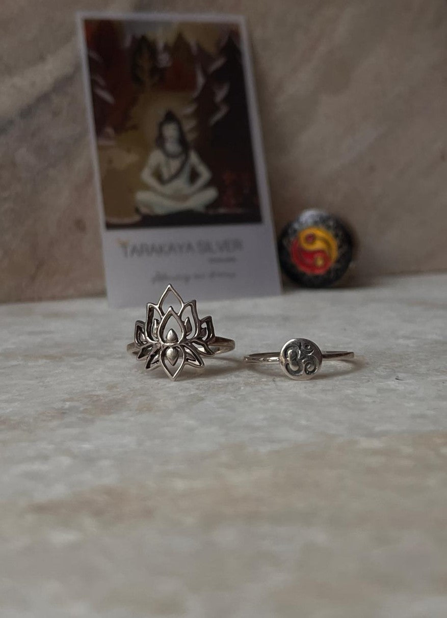 Handcrafted Sterling Silver Om and Lotus Engraved Stackable Rings  