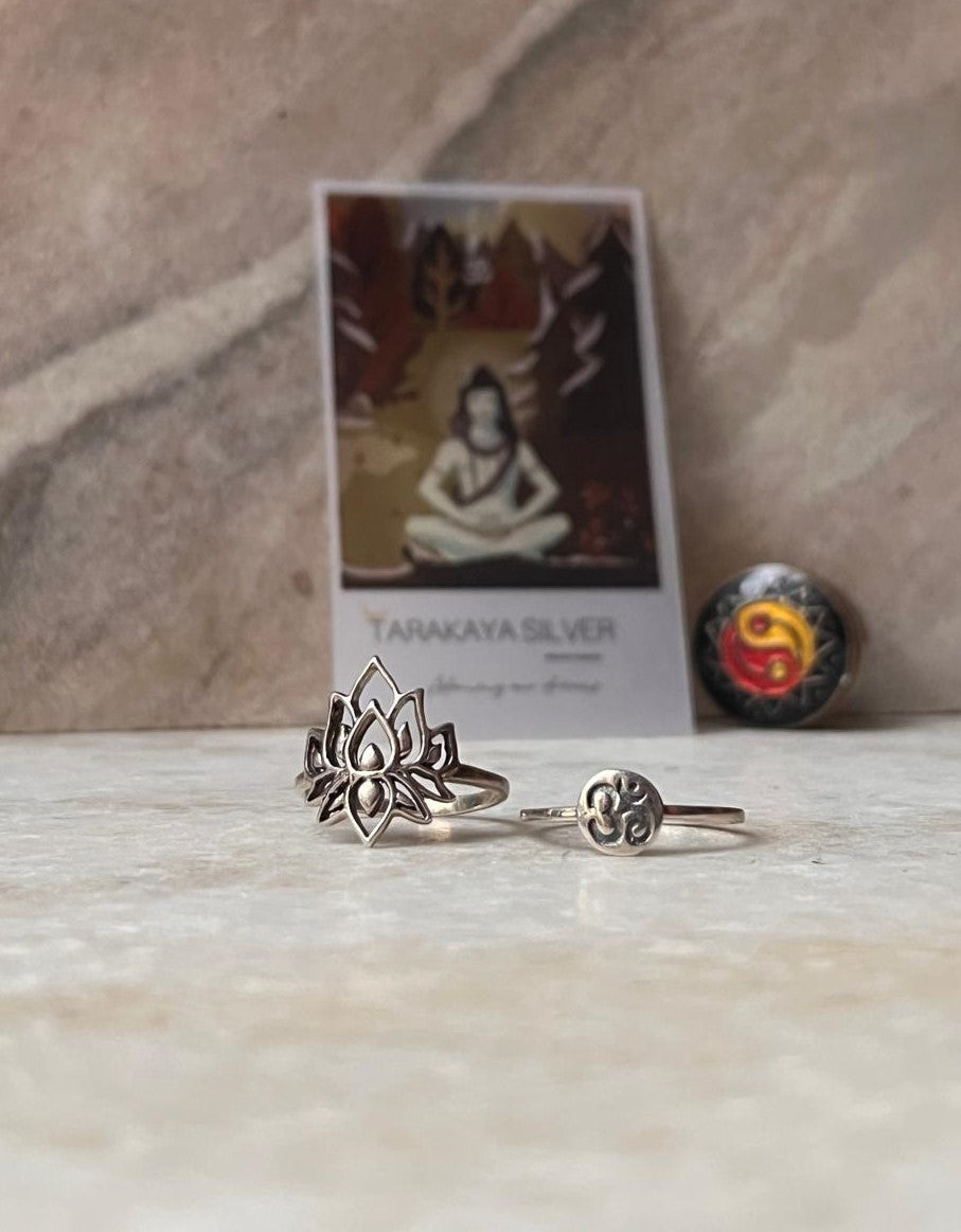 Big Divine Lotus and Om Engraved Stack Set 925 Sterling Silver Ring  