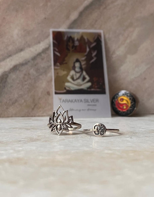 Big Divine Lotus and Om Engraved Stack Set 925 Sterling Silver Ring  