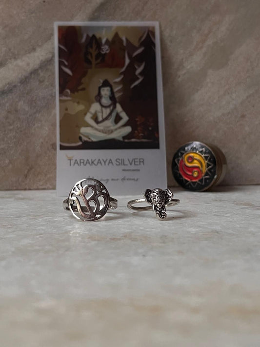 Shiv Shakti Aum Trishul Round & Boho Hathi Stack 925 Sterling Silver Ring  