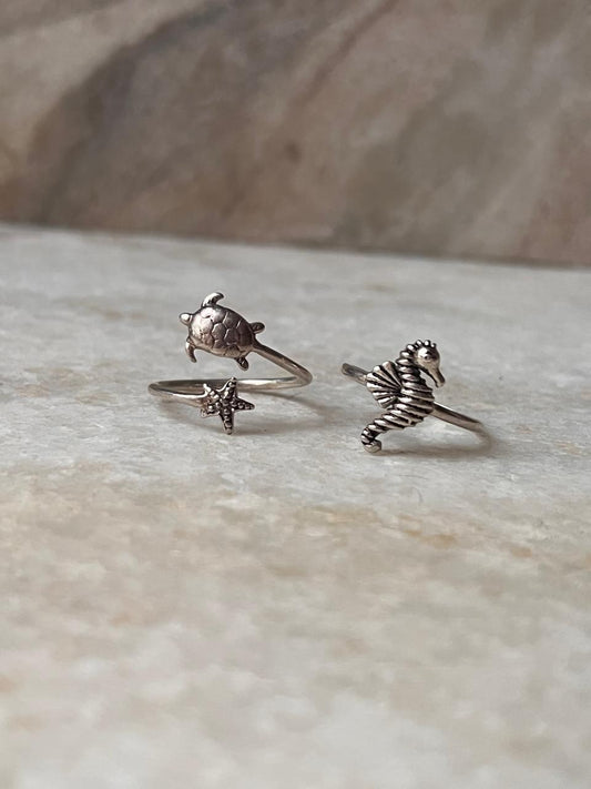 Adjustable Tortoise Starfish and Sea Horse Stack Set 925 Sterling Silver Ring  