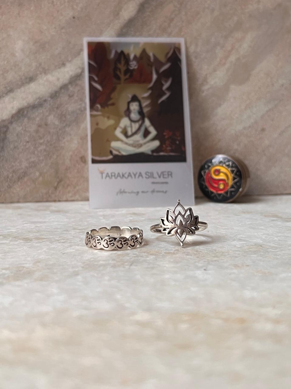 Spiritual Stack Ring Set with Om and Lotus Engravings in Sterling Silver  