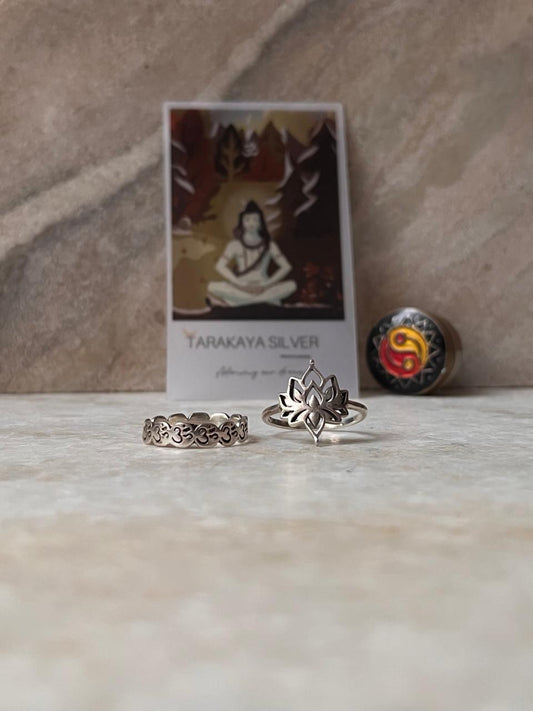 Om Engraved Circle of Life & Divine Lotus Stack Set 925 Sterling Silver Ring  