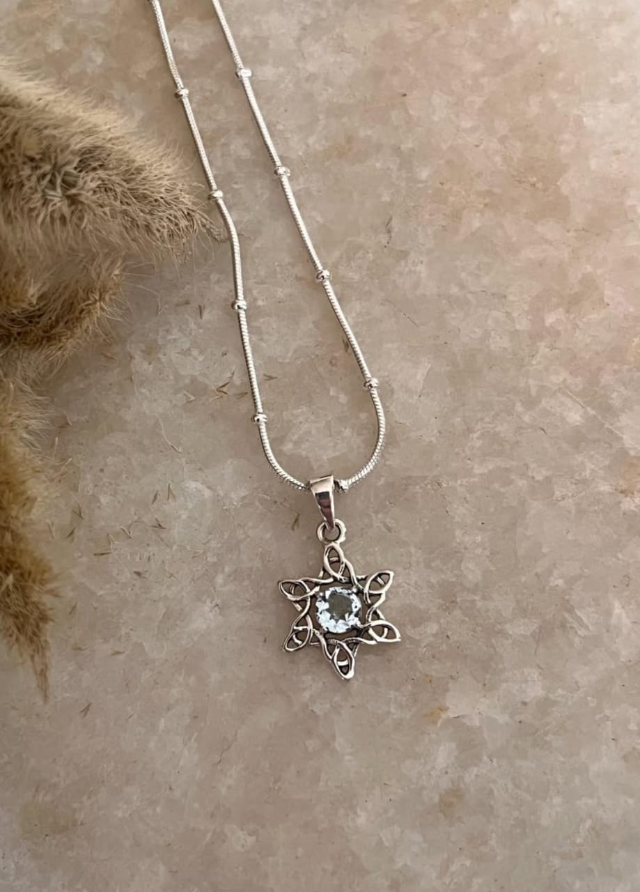 Handcrafted Celtic Knot Blue Topaz Pendant with Snake Dot Chain  