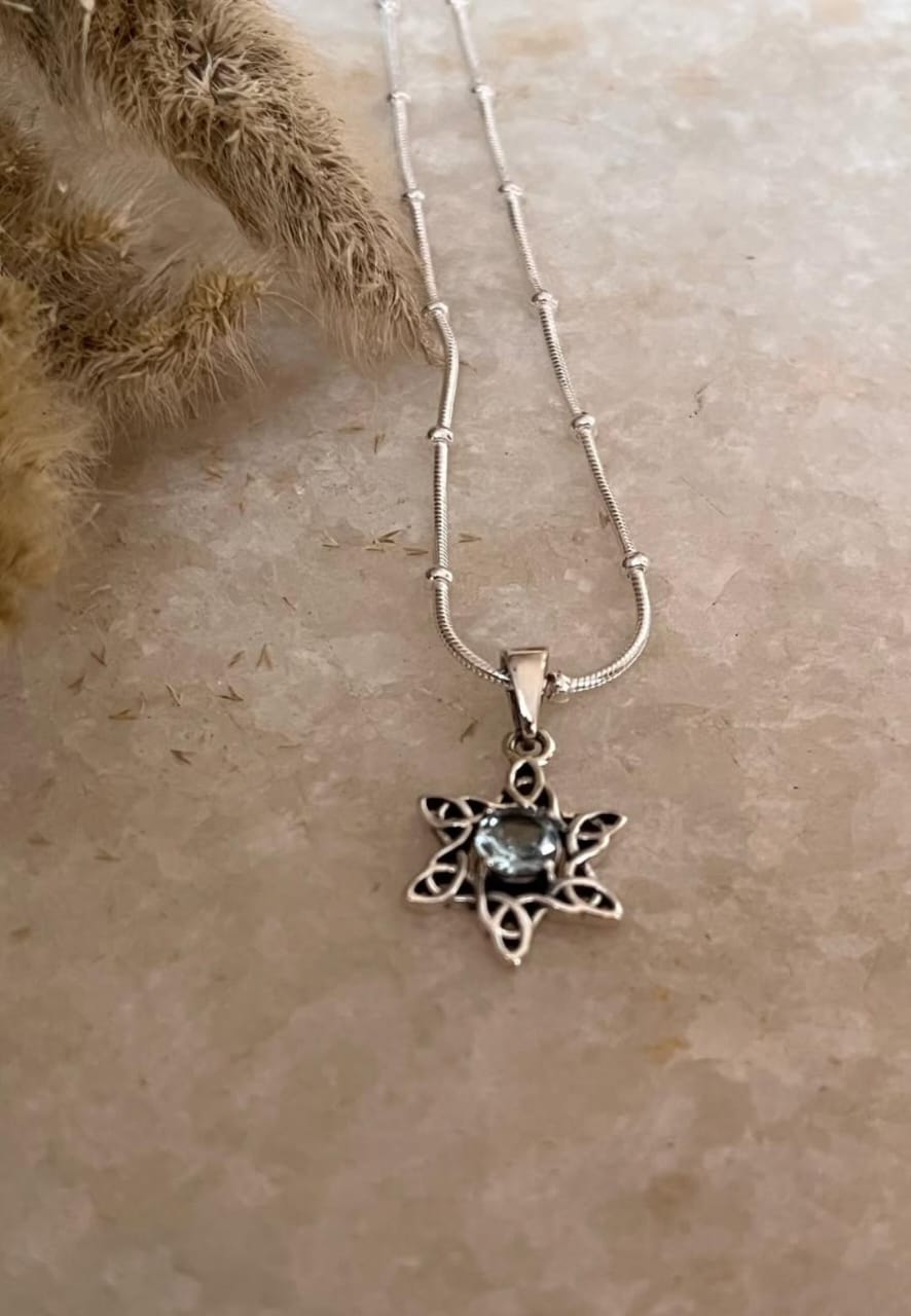 Elegant Blue Topaz Sun Celtic Knot Necklace in Sterling Silver