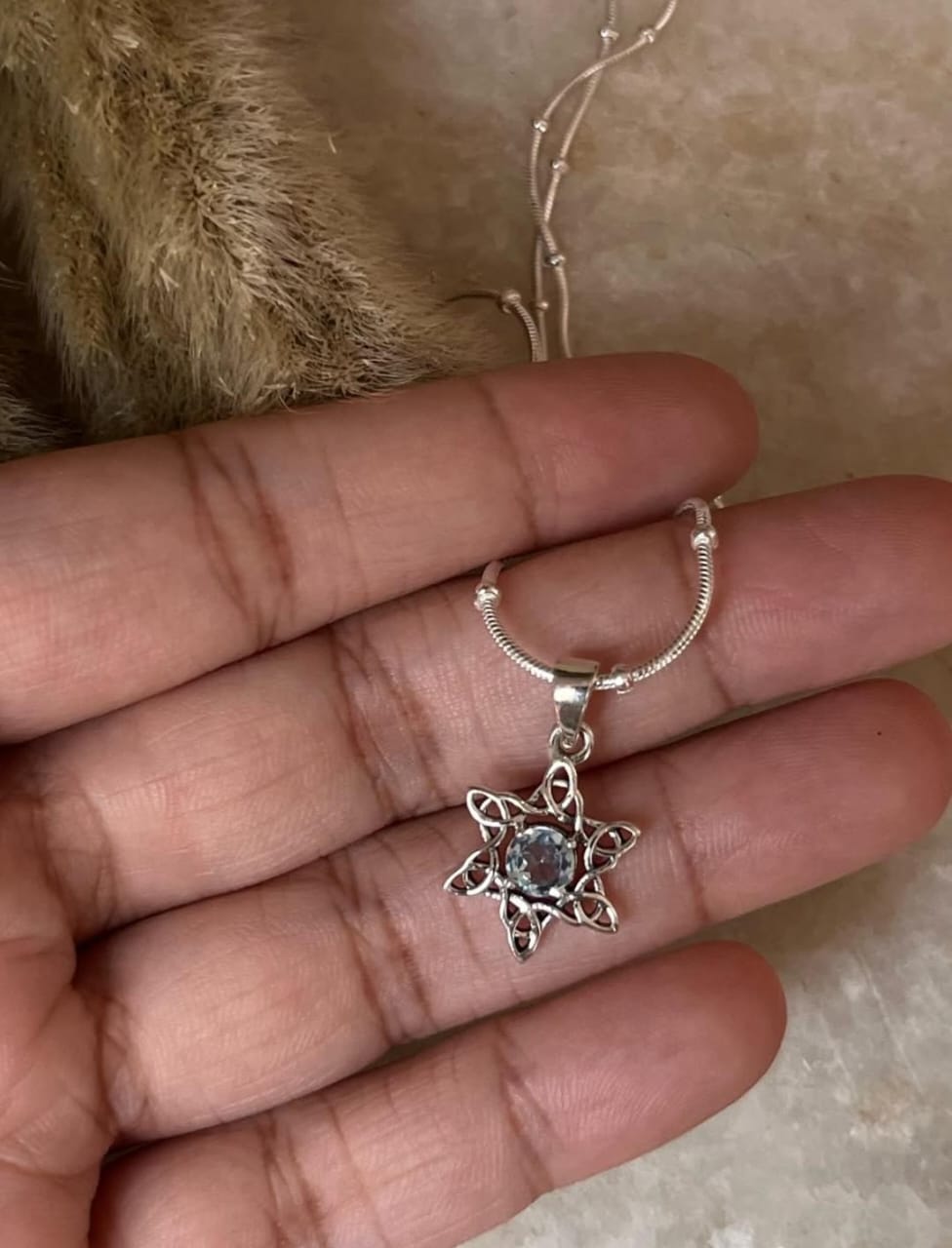 925 Sterling Silver Chain with Blue Topaz Celtic Knot Design 