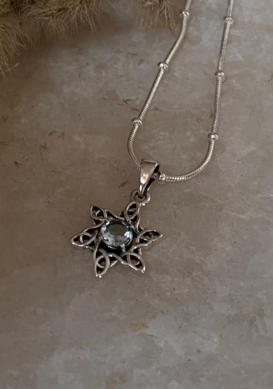 Blue Topaz Sun Celtic Knot Pendant with Snake Dot Silver Chain  