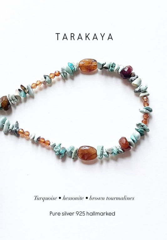 Natural Turquoise Chips, Hessonite & Brown Tourmaline Handcrafted 925 Sterling Silver Bracelet