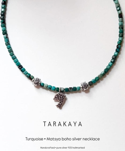 Copper Turquoise & Matsya / Fish Charm 925 Sterling Silver Boho Choker Necklace