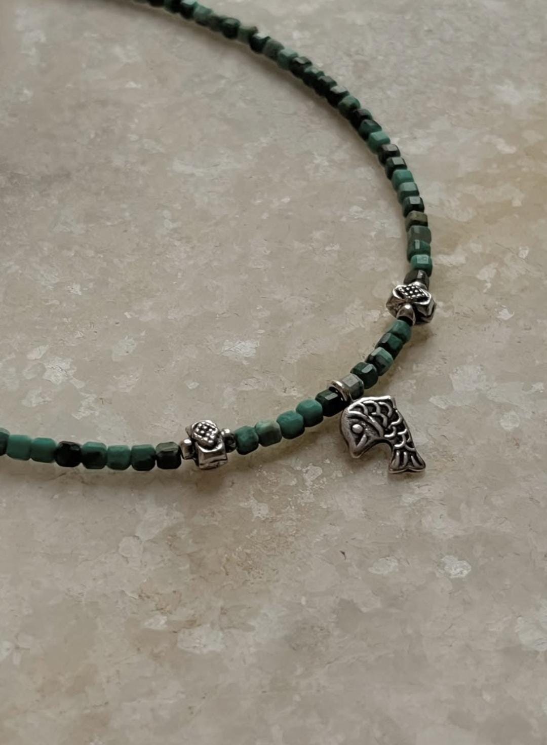 Copper Turquoise & Matsya / Fish Charm 925 Sterling Silver Boho Choker Necklace