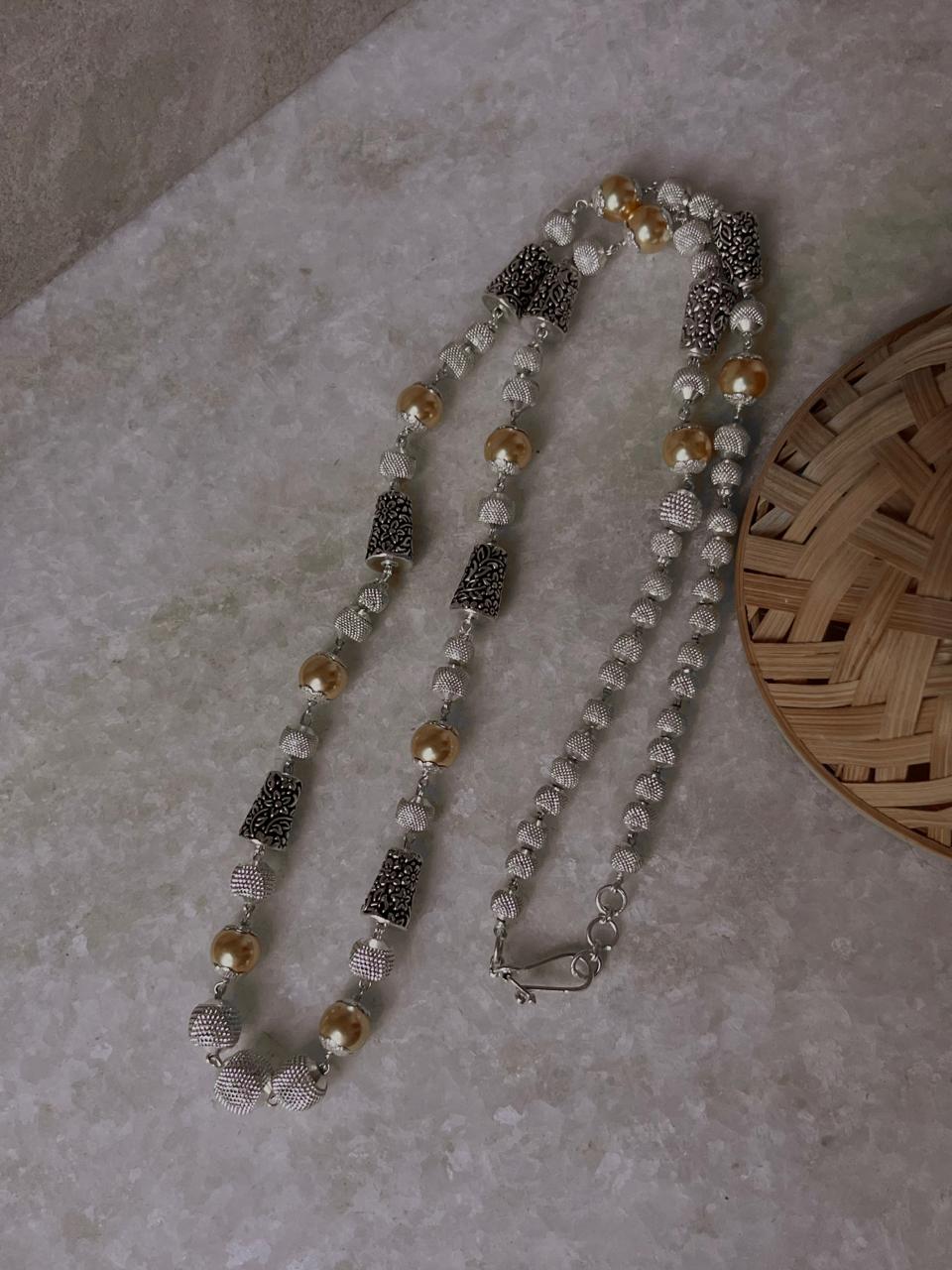 Handmade freshwater pearl statement mala with silver beads
