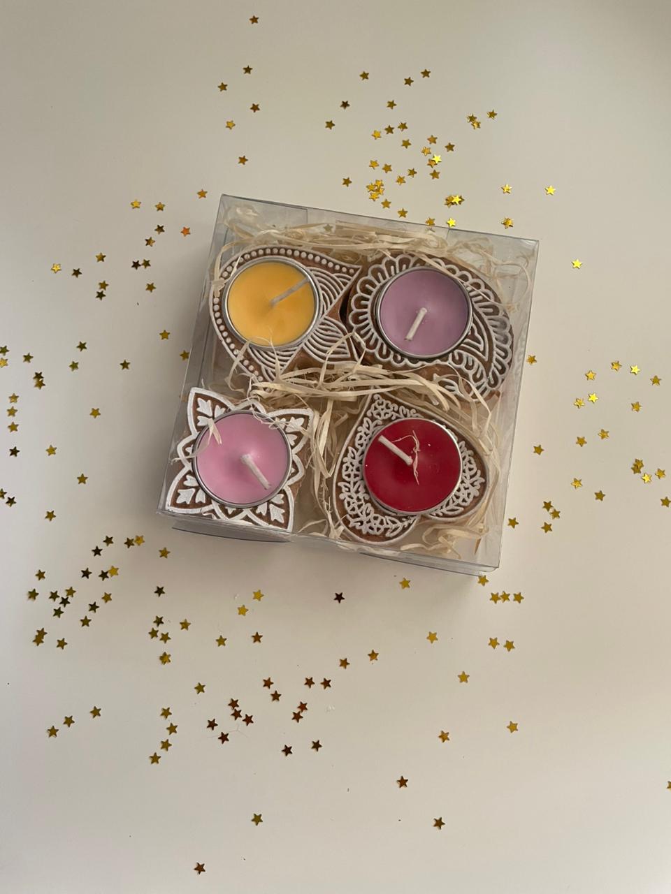 Luxury Diwali tea light candle gift box with wooden hand-block design