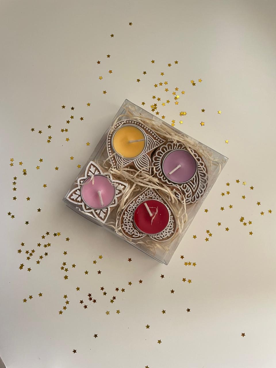 Handcrafted wooden tea light candles set of 4 for Diwali gifting