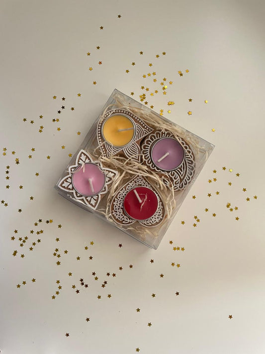 Diwali wooden hand-block tea light scented candle gift box set of 4
